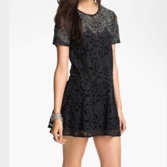 Free People Dreamer Black Floral Lace Sheer Jacquard Mini Dress - Picture 1 of 7